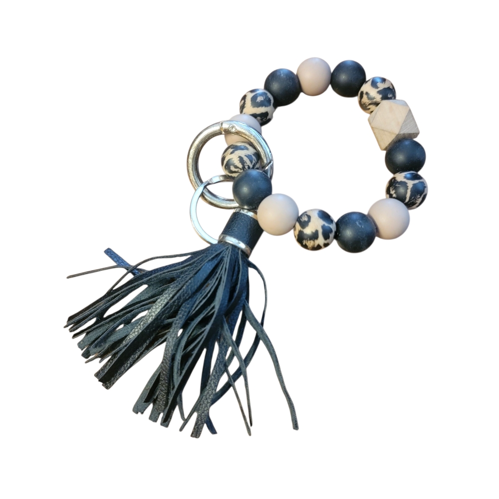 Black and White Beaded Bracelet with Tassel Keychain